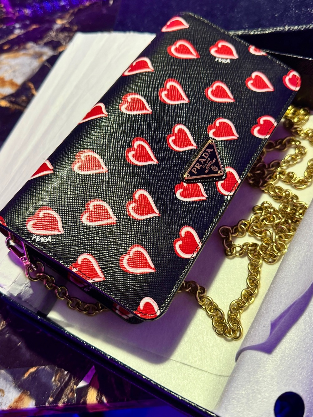 Prada Black Crossbody with Red Heart Print and Gold Chain (Box+Cards)
